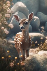 Close up of a baby deer in the autumn forest at sunset