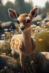 Close up of a baby deer in the autumn forest at sunset