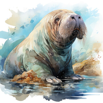 Watercolor Colorful Walrus Illustration, Generative Ai