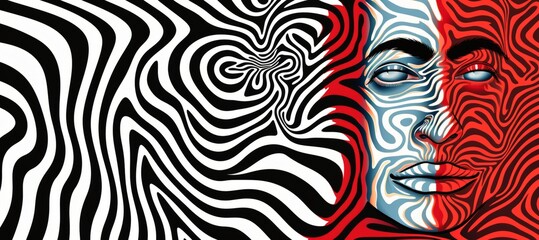Close-up of a person's face with a zebra pattern on it, portraying a surreal psychedelic design, conjuring a psychedelic background and illusion psychedelic art.