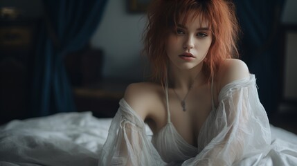 Fototapeta premium Woman with red hair sitting on a bed, capturing a soft portrait with beautiful soft lighting and focus, showcasing the beauty of the woman in a serene composition.