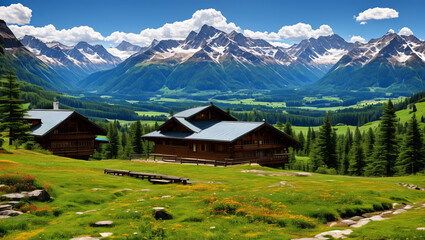 Fototapeta na wymiar Landscape with a wooden house in the mountains. AI