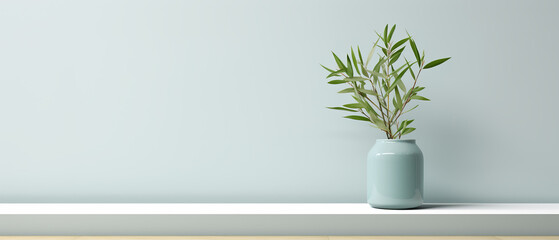 Vase with a plant on a shelf, featuring a minimalistic composition and minimalistic background, creating a simple and elegant visual.