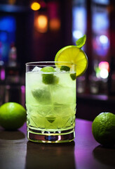drink - Cocktail on the table outside seating of a bar, Caipirinha incredients for the cocktail, summer cocktail, in a luxurious Michelin kitchen style, neon light (2)