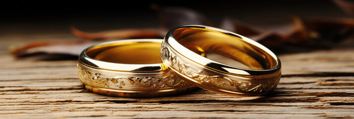 Two gold wedding rings are placed on a wooden table, symbolizing love and commitment. This asset is perfect for wedding invitations, anniversary cards, and romantic design Golden wedding rings on wood - obrazy, fototapety, plakaty