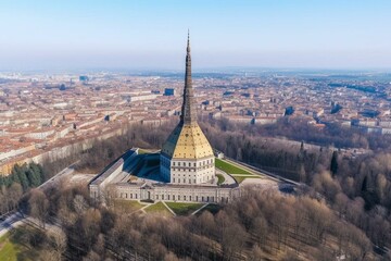 Aerial view of Mole Antonelliana in Turin. Generative AI