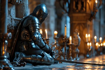 Medieval knight kneeling in prayer in a candlelit chapel, armor and sword beside him. - obrazy, fototapety, plakaty
