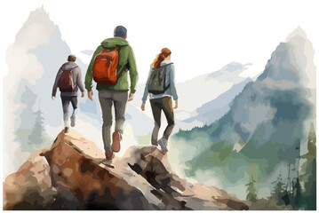 Three hikers tourists in trekking clothes are walking in mountains - obrazy, fototapety, plakaty