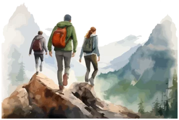 Deurstickers Three hikers tourists in trekking clothes are walking in mountains © horimono