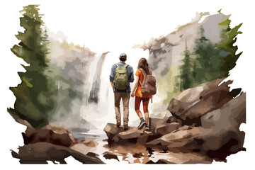 Couple traveler man and woman hipster with backpack in active trekking clothes stand near mountain river waterfall