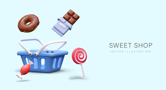 Advertisement of sweets in cartoon style. Concept of buying desserts, candies, chocolate bars. Creative banner on blue background. Realistic illustration