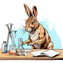 Hare biologist style image, bright saturated image, clipart on white background
