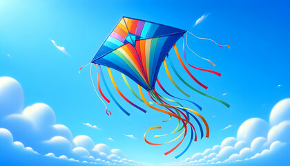 Illustration of colorful flying kite at beautiful sky.