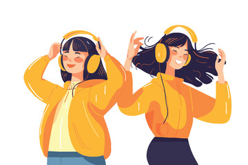 Two young women listening to music with headphones. Vector illustration in cartoon style