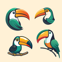 Set of cute toucans. Cartoon style. Vector illustration.
