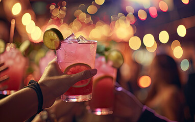 people hold up glasses of drinks with blurred background, pink cocktail, people cheering, cheers, spending a moment together with friends, party, happy moment, nightclub, restaurant, cheering, family  - obrazy, fototapety, plakaty