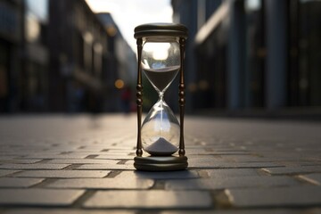 Hourglass with clock face counting seconds on the streets, representing time slipping away. Generative AI - obrazy, fototapety, plakaty