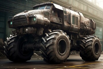 A large truck with enormous wheels and tires. Generative AI