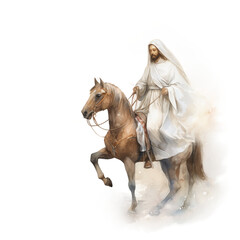 A watercolor illustration of Jesus, horse on white