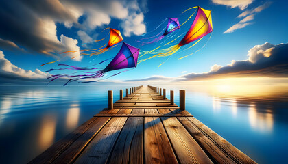 Kites flying over wooden bridge on the lake.