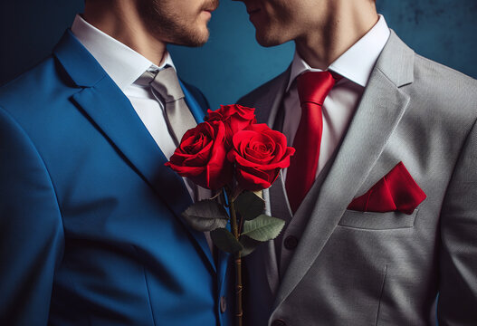 A married couple of men with a bouquet of red roses look at each other