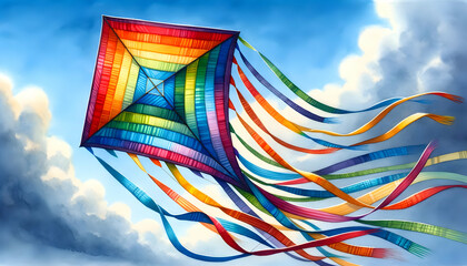 Watercolor illustration of a colorful kite flying in the sky.