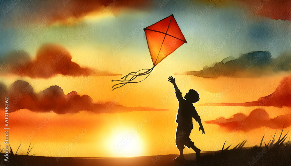 Canvas Prints Silhouette of a child playing with a kite.