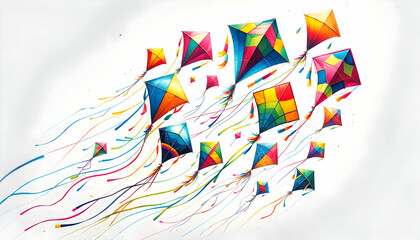 Colorful flying kites on white background. - obrazy, fototapety, plakaty