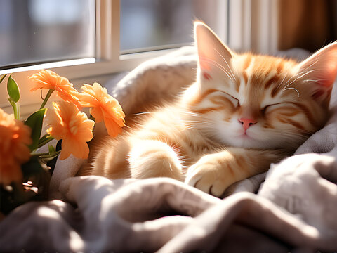 Orange tabby kitten sleeping by the window, sleepy kitten, cat, cats, neko, kittens