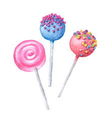 Haned painted watercolor illustration of colorful  lollipops ,lollipop with sprinkles, bonbon, candies, watercolor illustration	