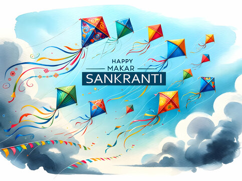 Happy makar sankranti watercolor background with kites.