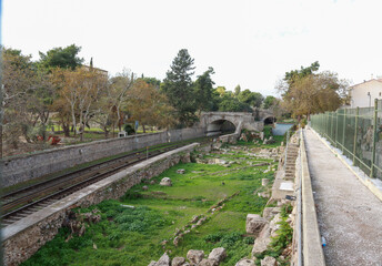 Train Tracks that run beside the Ancient Agora in Athens, Greece