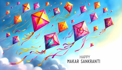 Colorful watercolor flying kites.