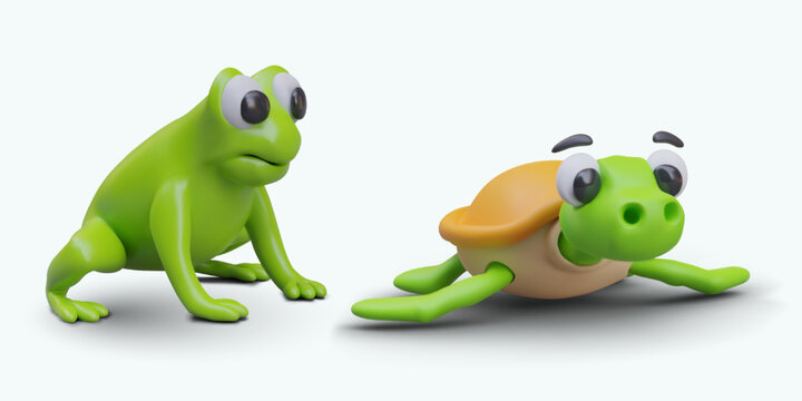 Collection of green frog and turtle. Cartoon frog sitting and ready to jump. Terrarium animal for online game. Vector realistic design illustration in 3d style