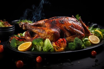 roasted chicken with salad and lemon on a wooden table, dark background
