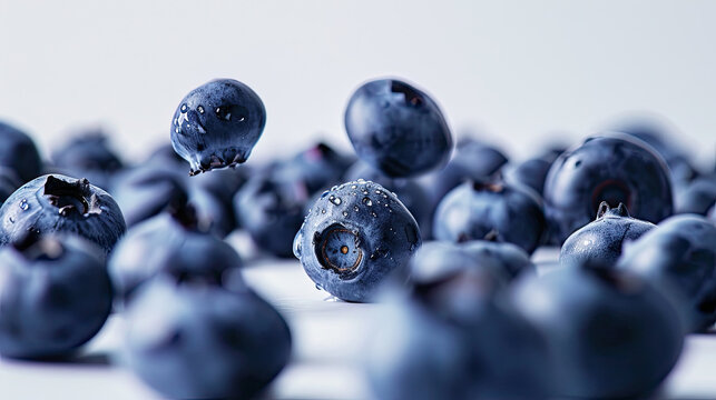 Falling Blueberry isolated on white background.berry collection, fresh falling blueberries with leaves