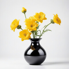 Beautiful yellow flowers in luxury black vase, elegant. Isolated on white background. ai generative