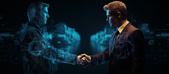 Businessman handshake with abstract artificial intelligence