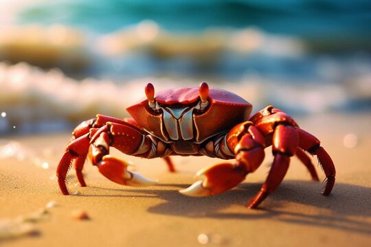 An image showing a crab on a sandy beach. Generative AI