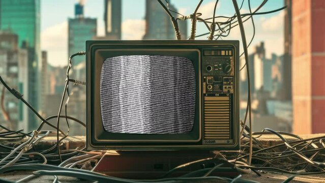 Vintage and retro television sets surrounded by wires with cityscape in background