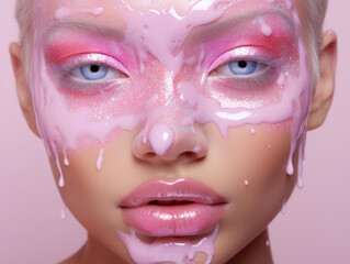 Close-up of a woman's face covered in glossy pink paint, creating a vibrant and artistic makeup look.
