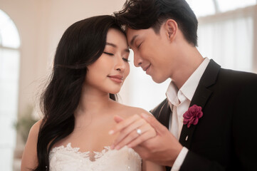  Couple of bride and groom enjoying romantic moments in wedding ceremony, Love, celebration and...