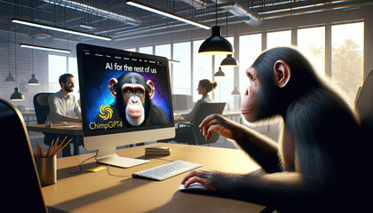 A chimpanzee sits at a computer screen on which he has called up an AI program specially designed for non-nerds; satirical illustration that makes fun of AI specialists - obrazy, fototapety, plakaty