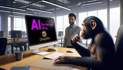 A chimpanzee sits at a computer screen on which he has called up an AI program specially designed for non-nerds; satirical illustration that makes fun of AI specialists - obrazy, fototapety, plakaty