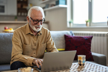 Smiling senior man using laptop at home. Handsome old man wearing eyeglasses working on laptop in...
