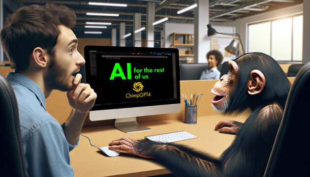 A chimpanzee talks to an astonished co-worker about an AI program for non-experts that he has just called up; satirical illustration that makes fun of AI specialists
