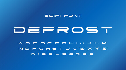 Defrost Futuristic font alphabet letters. Creative minimalist typographic design. science technology, space logo type, headline, scifi cover - obrazy, fototapety, plakaty