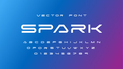 Spark Futuristic font alphabet letters. Creative minimalist typographic design. science technology, space logo type, headline, scifi cover - obrazy, fototapety, plakaty