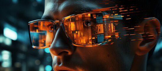 Man wearing technological augmented reality glasses - obrazy, fototapety, plakaty