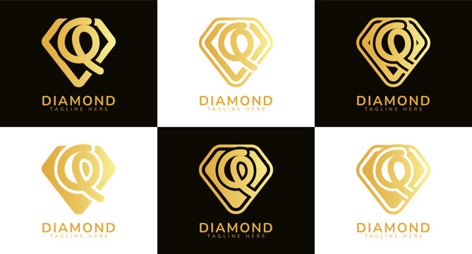 Set of diamond logos with initial letter Q. These logos combine letters and rounded diamond shapes using gold gradation colors. Suitable for diamond shops, e-commerce